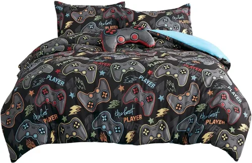 Vista 3 de WPM WORLD PRODUCTS MART Juego de edredón de 4 piezas para jugadores de videojuegos, tamaño individual, color azul y gris, para jugadores