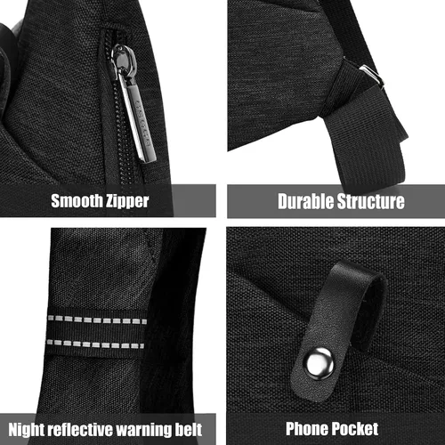 Vista 5 de OSOCE Bolso bandolera ligero, antirrobo para mujeres y hombres, bolsa cruzada de hombro casual, bolsa deportiva, para viajes, senderismo, color Negro