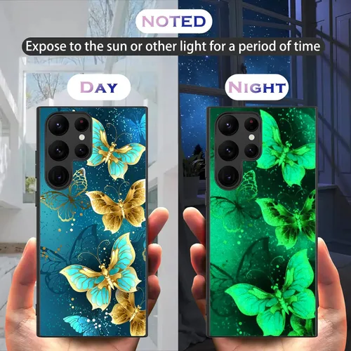 Vista 2 de GUAGUA Funda protectora para Samsung Galaxy S23 Ultra que brilla en la oscuridad, Samsung S23 Ultra, bonita mariposa azul noctilucente, a prueba