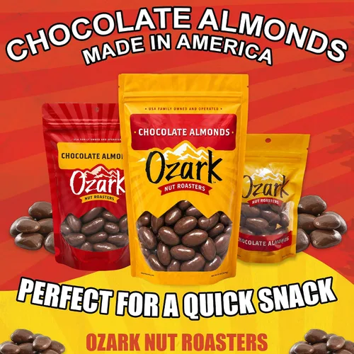 Vista 4 de OZARK NUT ROASTERS, Almendras de chocolate, nueces con sabor a chocolate, almendras confitadas gourmet de clase mundial, paquete resellable
