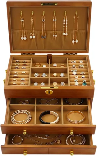 Vista 18 de Wooden Jewelry Box for Women 3-Tier Jewelry Organizer Box Dark Brown