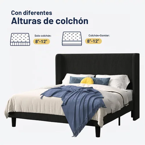 Vista 9 de Allewie Marco de cama tamaño completo con cabecera tapizada tipo wingback, cama plataforma de terciopelo de pana con capitoné de canales verticales