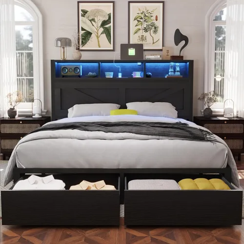 Vista 9 de Marco de cama matrimonial con cabecera y cajones de almacenamiento, color Luces LED y estación de carga, plataforma de metal, no necesita somier