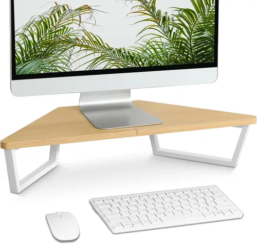 Vista 7 de TEAMIX Soporte de monitor triangular de 26 pulgadas, estante de esquina de escritorio con patas de metal, soporte de computadora de madera