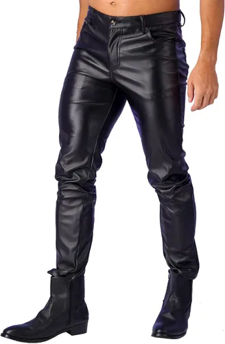 Vista 3 de Pantalones de motociclista metálicos de pierna recta de piel sintética para hombre