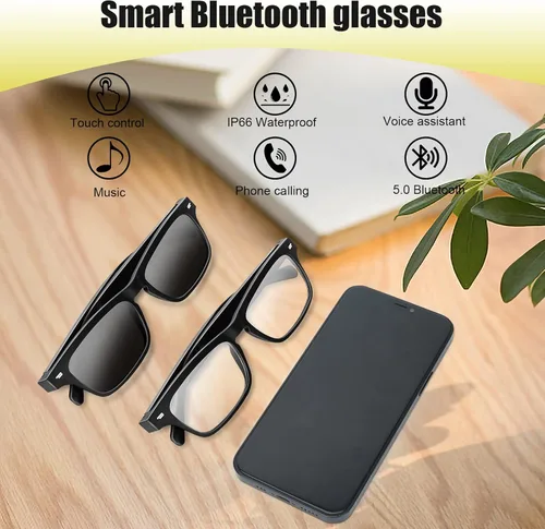 Vista 2 de Lentes inteligentes con altavoz Bluetooth, lentes de sol polarizados, protección UV, control de voz, audio de oído abierto, micrófono HD