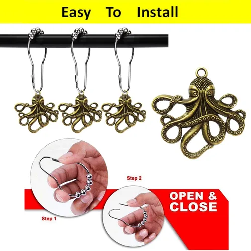 Vista 4 de Juego de 12 ganchos decorativos para cortina de ducha con pulpo, para el hogar, baño, criatura marina, bestia, bestia, acero inoxidable, anillos