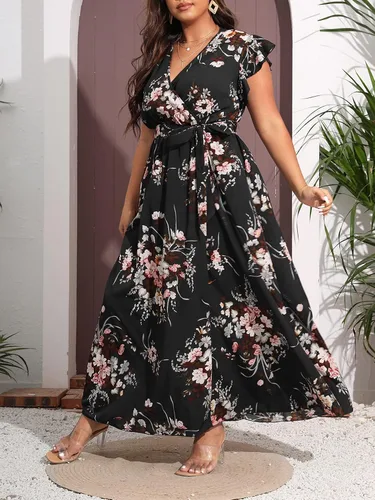 Vista 3 de WDIRARA Vestido largo con cuello en V envolvente floral para mujer, con abertura, manga con vuelo, con cinturón