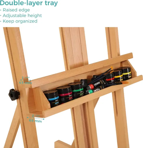 Vista 4 de VISWIN Caballete grande con marco en H para pintar de 53 a 91 pulgadas de alto, soporte ajustable de madera de haya maciza resistente con bandeja
