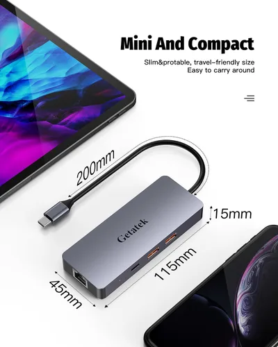 Vista 7 de Hub Ethernet USB C, adaptador multipuerto USB C de 6 puertos con HDMI 4K @30HZ, 3 USB 3.0, carga USB C PD de 100 W, RJ45, apto