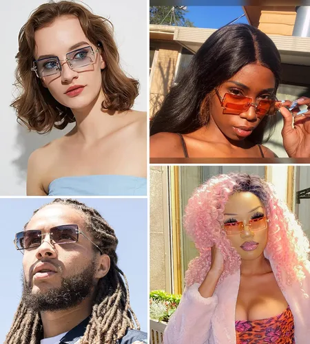 Vista 3 de NULOOQ Gafas de sol rectangulares sin montura para mujeres y hombres, Y2K sin marco, lentes de sol teñidas y gruesas degradadas