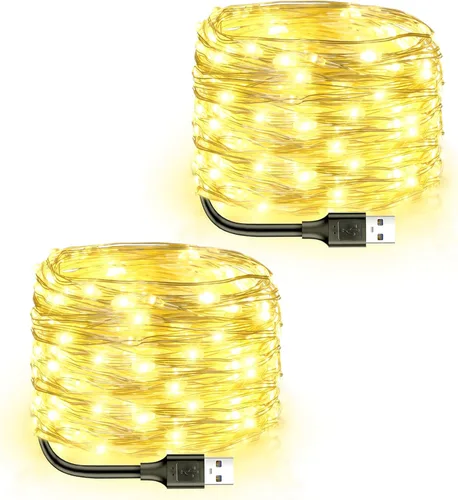 Vista 9 de Blingstar Luces de hadas alimentadas por USB, paquete de 2 unidades de 100 LED de 33 pies, cable plateado flexible, mini cadena de luces para el día