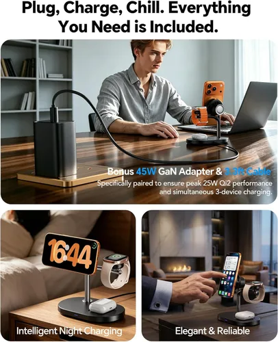 Vista 5 de Qi2.2 25W 3 en 1 Cargador Mag-Safe con estación de carga de enfriamiento Cargador inalámbrico Qi 2 de carga rápida para iPhone 18 Pro-8, Apple Watch