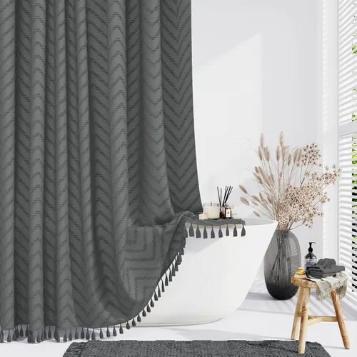 Vista 18 de Dynamene - Cortina de ducha de tela bohemia con rayas con chebrón en relieve, juego de cortina angosta para baño, media cortina impermeable de A.