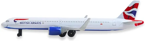 Vista 9 de Avión coleccionable de metal fundido a presión Daron British Airways A321 con diseño Union Jack, avión de juguete de línea única con piezas