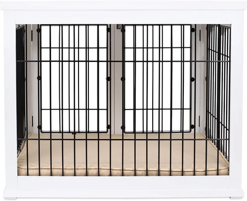 Vista 7 de INTERNET'S BEST Perrera decorativa para perros con cama para mascotas, casa pequeña para mascotas, jaula interior de doble puerta, muebles de madera