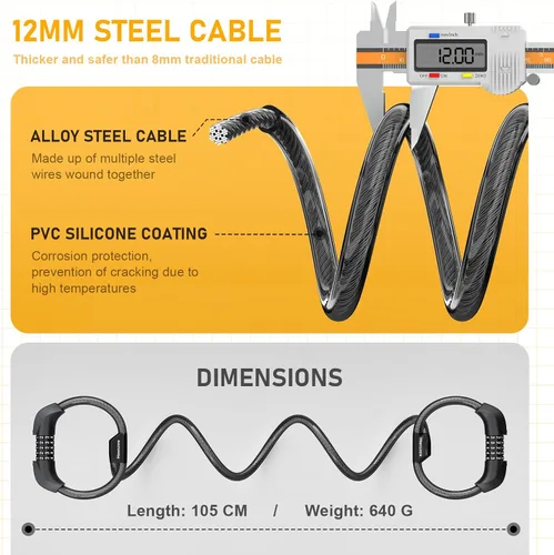 Vista 4 de Candado para Scooter Eléctrico, Candado para Bicicleta, Candado de Cable con Combinación de 5 Dígitos, Dobles Candados de Cable Antirrobo de 41