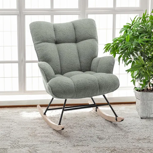 Vista 17 de Mecedora de cuarto de bebé con estilo oso de peluche, tapizada con respaldo alto, cómoda y elegante butaca acentuada con asiento acolchado para Azul