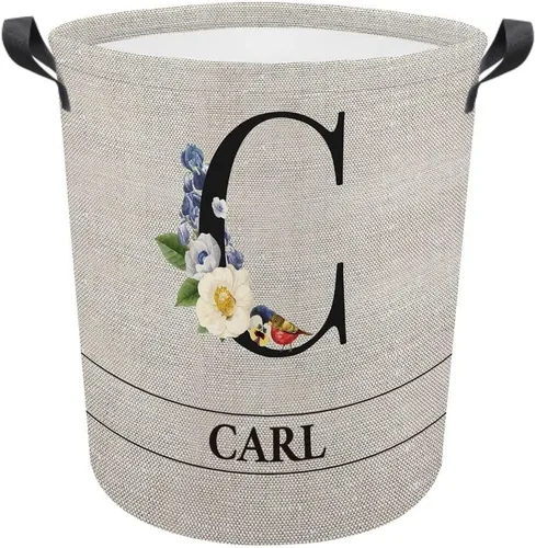 Vista 21 de Cesta de lavandería con inicial floral personalizada, monograma, nombre personalizado, flores y pájaros, cesta de ropa plegable de tela, caja