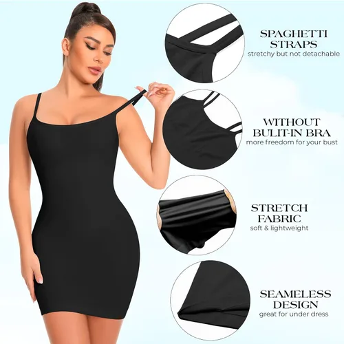 Vista 3 de Faja moldeadora para debajo de los vestidos, vestido con control de abdomen, moldeador de cuerpo, sin costuras, tirantes delgados, vestido camisola