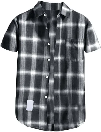 Vista 17 de Camisas de manga corta con botones para hombre, de algodón, a cuadros, ajuste regular, camisas casuales con botones y bolsillo