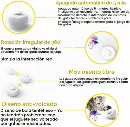Vista 3 de Migipaws Juguetes interactivos para gatos, juguete de mariposa y plumas, bola giratoria automática para gatos aburridos de interior, sensor táctil
