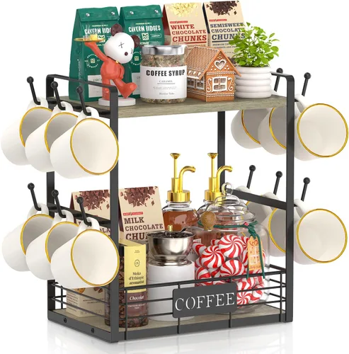 Vista 17 de EsLuker.ly Soporte para tazas de café, organizador de estación de barra de árbol, soporte para tazas de 2 niveles para encimera de cocina, estante