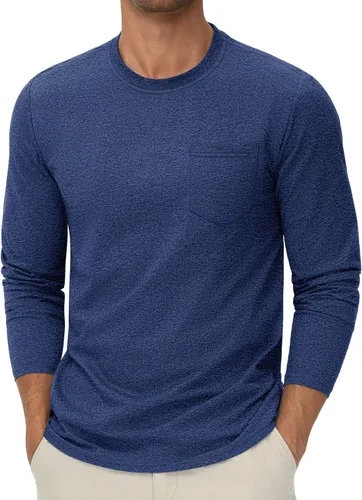 Vista 11 de Cotrasen Camisetas de manga larga para hombre, de algodón, cuello redondo, absorben la humedad, suaves, casuales, con bolsillo