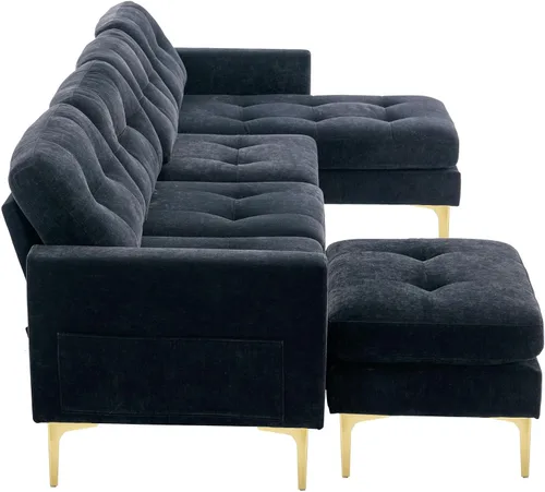 Vista 4 de Sofá modular de terciopelo de 111 pulgadas para sala de estar, moderno y contemporáneo en forma de L de 4 asientos copetudo, sofá con diván y 111in