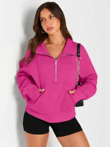 Vista 2 de AUTOMET Sudaderas con media cremallera para mujer, sudadera corta de vellón con cremallera de un cuarto, sudaderas con capucha para el otoño, a