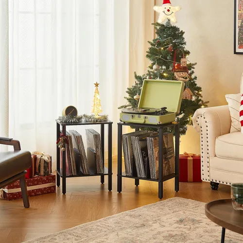 Vista 4 de LELELINKY Soporte para tocadiscos de 2 niveles con almacenamiento de discos de vinilo hasta 100 álbumes, soporte para discos de dormitorio y mesa