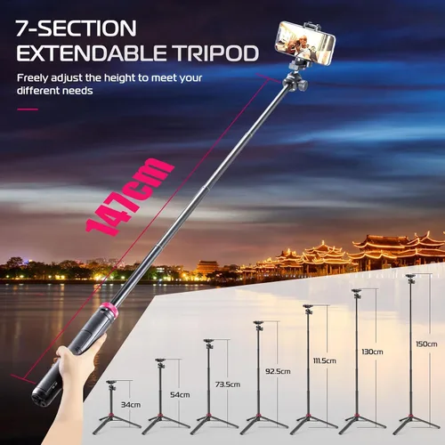 Vista 4 de ULANZI MT-44 - Trípode extensible para teléfono de 59", bastón para selfie de 360° con clip para teléfono 2 en 1, trípode de cámara con cabeza