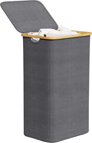Vista 10 de SpaceAid Cesta de lavandería delgada con ruedas y tapa, cesta de ropa estrecha rodante de 62 litros con mango de bambú, canasta grande para ropa