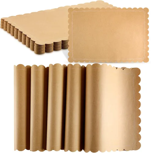 Vista 8 de 100 manteles individuales desechables de papel kraft marrón, rectangular, rústico, estampado, festoneado, marrón, para bodas, aniversarios, fiestas