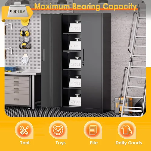 Vista 5 de Greenvelly Armario de almacenamiento de metal de 72 pulgadas de alto con 2 puertas y 4 estantes ajustables, gabinete de metal negro con cerradura