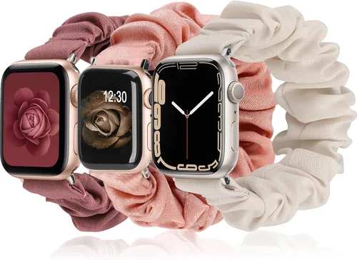 Vista 15 de TOYOUTHS - 3 paquetes compatibles con Apple Watch Band Scrunchies 1.496 in (38 mm) tela suave patrón impreso pulsera de tela para mujer iWatch