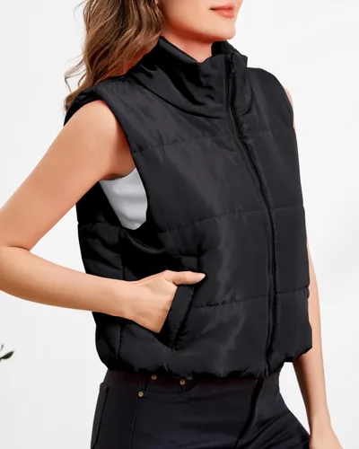 Vista 3 de Chaleco acolchado para mujer, sin mangas, cuello alto, ligero, acolchado, con bolsillos, otoño e invierno 2024