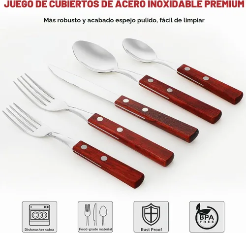 Vista 3 de Juego de cubiertos con mango de madera, 40 piezas, mango de nogal, 18/8 (304), acero inoxidable, mango de madera, cuchillo, tenedor, cuchara