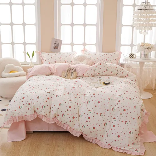 Vista 8 de HighBuy Juego de funda de edredón floral rosa, tamaño individual, de algodón, coqueta, de princesa, con volantes, con 2 fundas de almohada de encaje