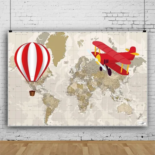 Vista 2 de Laeacco Telón de fondo vintage con mapa del mundo, 5 x 3 pies, poliéster, avión, globo aerostático, fotografía, fotografía, fondo para niños, recién