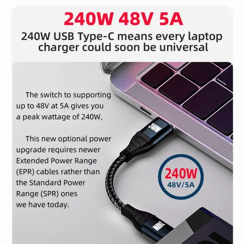 Vista 6 de Cable USB-C de 240 W tipo C 480 Mbps 48 V 5 A de perfil bajo en ángulo de 90 grados compatible con USB 2.0 100 W de carga para portátil, tableta