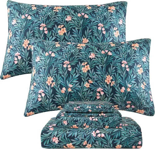 Vista 29 de QSH Juego de sábanas de tamaño individual 100% algodón egipcio, estampado de flores verdes con pájaros, mariposas y botánicas, lujo impreso, ropa