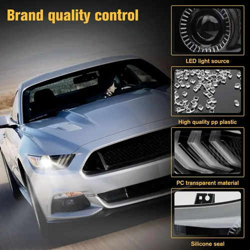 Vista 4 de Conjunto de faros delanteros LED Mustang, faros delanteros estilo OEM con reflector ámbar, conjunto de faros compatibles con Ford Mustang 2015 2016
