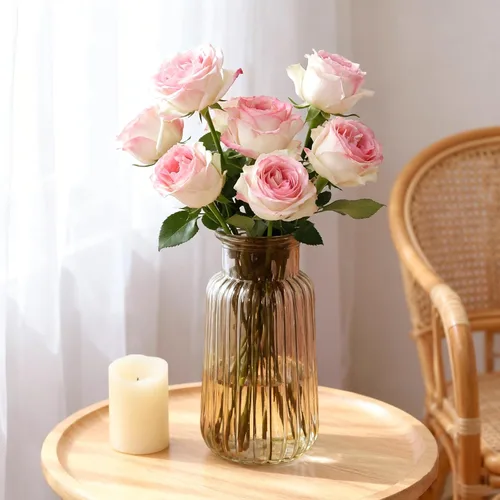 Vista 5 de Jarrón de cristal ámbar, florero acanalado de 8.7 pulgadas de alto para ramo, centro de mesa, decoración de mesa de comedor, jarrones transparentes