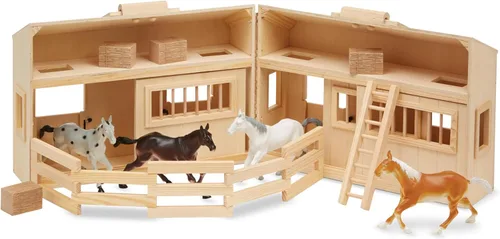 Vista 4 de Melissa & Doug Casa de muñecas de madera Fold and Go con establo de caballos con asa y caballos de juguete (11 piezas)