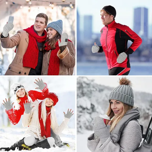 Vista 14 de THINP Guantes sin dedos para mujeres y hombres, guantes de invierno, guantes de lana cálida de punto sin dedos con tapa, guantes convertibles
