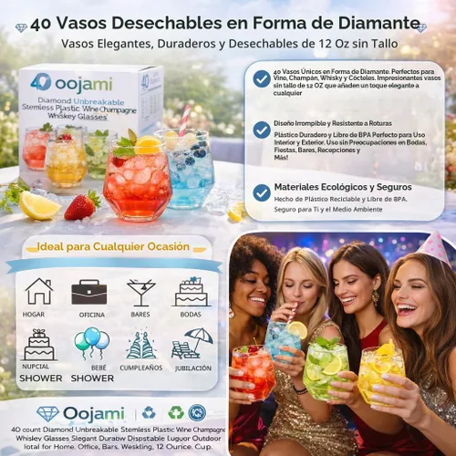 Vista 2 de Oojami Paquete de 40 copas de vino de plástico desechables de 12 onzas con Transparente
