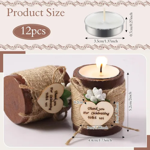 Vista 2 de Treela 12 Piezas Portavelas de Madera para Velas de Té Portavelas para Despedida de Soltera Portavelas Cilíndricos de Madera Rústica con Velas de Té