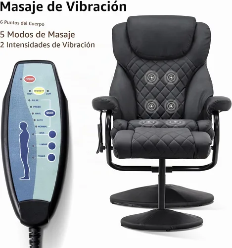 Vista 9 de Mcombo Sillón reclinable con otomano, silla reclinable con masaje, silla giratoria de 360 grados para sala de estar de piel sintética, 4901 (Negro)