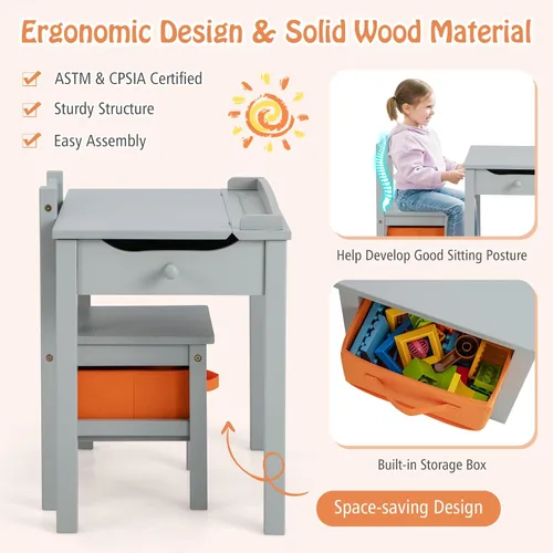Vista 4 de Costzon - Juego de mesa y silla para niños, escritorio de estudio para niños con tapa abatible para sala de juegos y guardería, juego de mesa